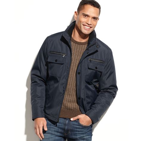 michael kors navy leather jacket mens|Michael Kors men's jacket fleece.